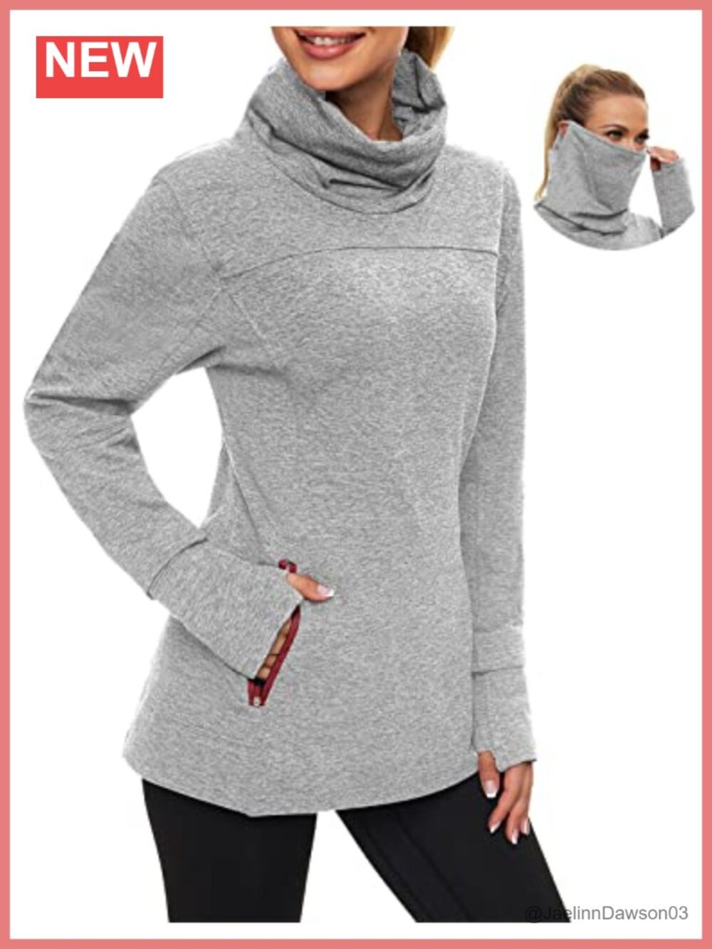 Women's Fleece Running Sweatshirt Cowl Neck Pullover Thumb Holes Neck Gaiter